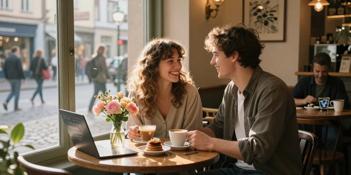 A young couple enjoying coffee at a cozy café showing intimacy and chemistry, capturing the essence of having a crush on someone.
