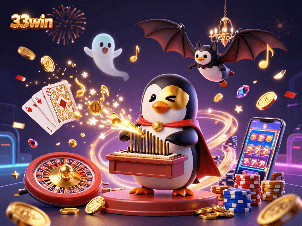 Experience the thrill of 33win with a vibrant casino scene featuring characters and golden winnings.