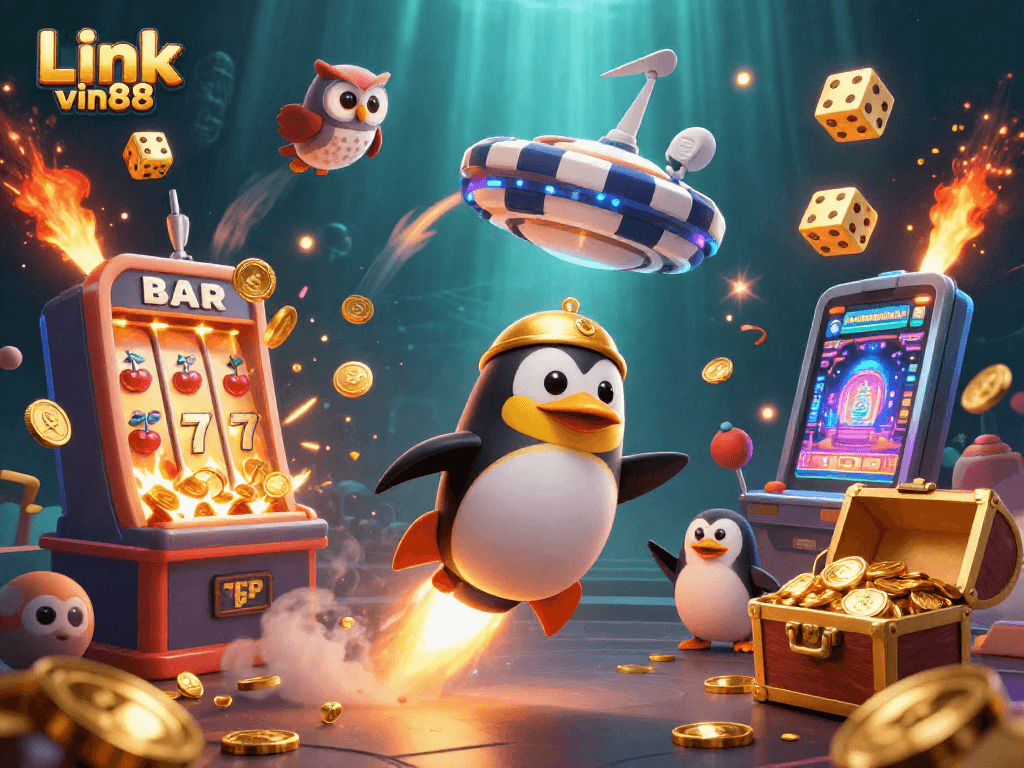 Experience thrilling gaming with the Link vin88 casino rocket penguin blasting through space!