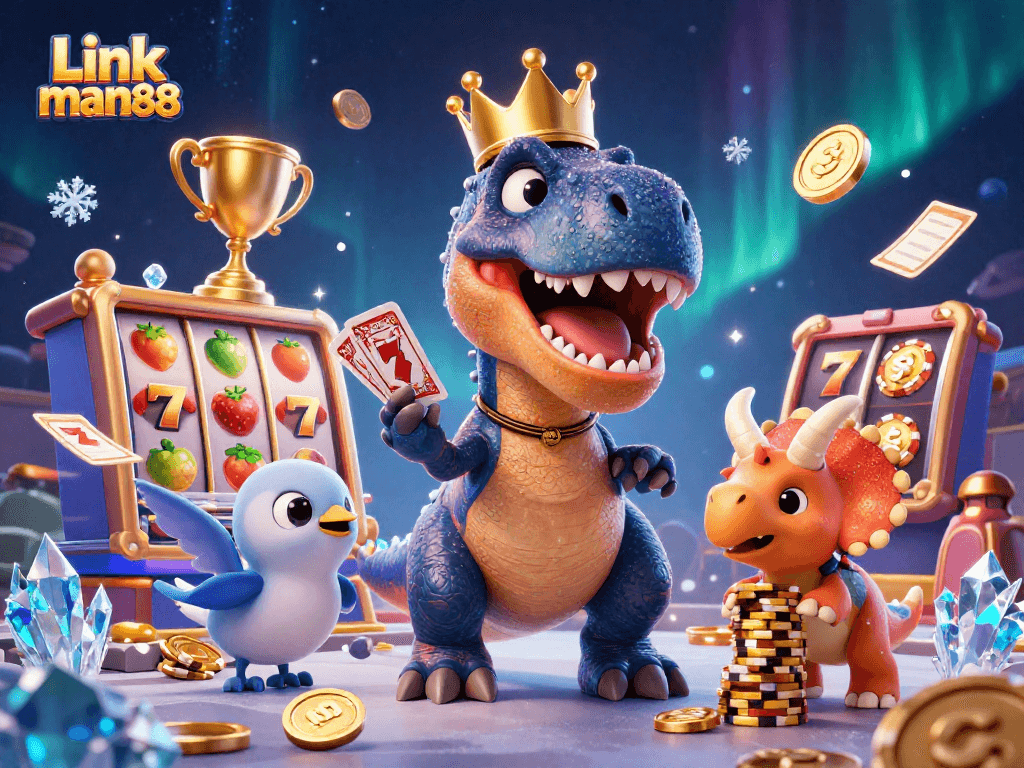 Engage in thrilling gameplay at Link man88 with a fun T-Rex and friends amidst a vibrant casino atmosphere.