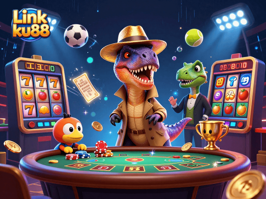 Link ku88 shows a dynamic scene of cartoon characters at a blackjack table with slot elements.