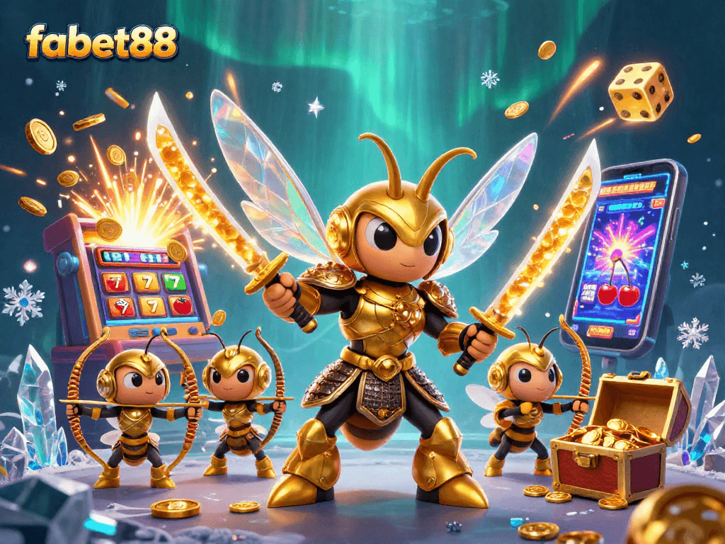 Experience exhilarating gameplay at fabet88 with a dynamic 3D illustration of a hornet samurai amidst a casino explosion.