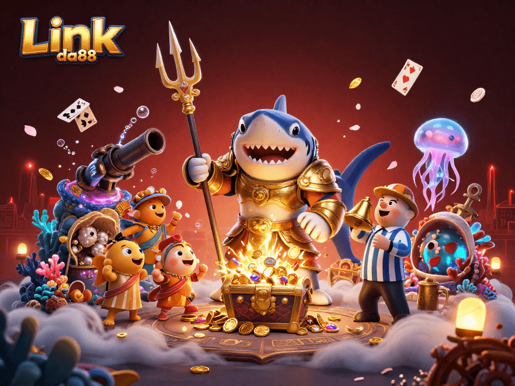 Link da88 showcases a thrilling underwater casino scene with a shark in gladiator armor.