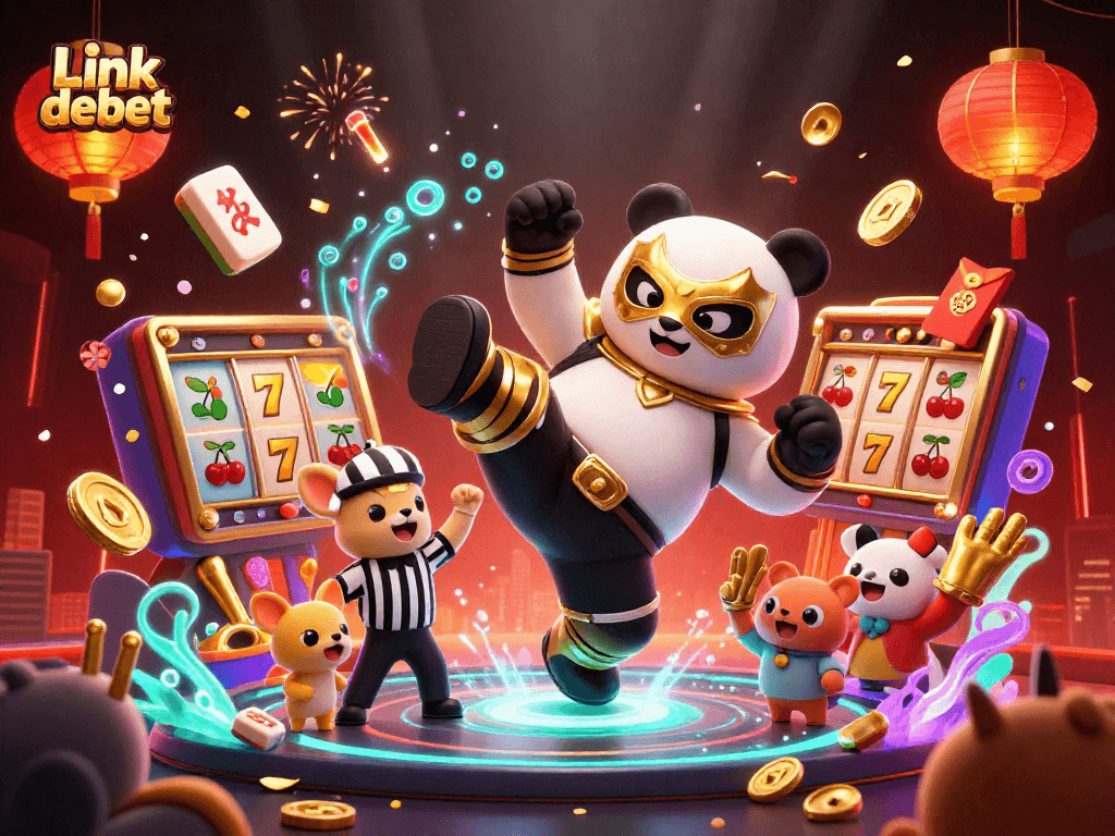 Experience the excitement of Link debet with a dynamic casino scene featuring a wrestler panda and animated slots.