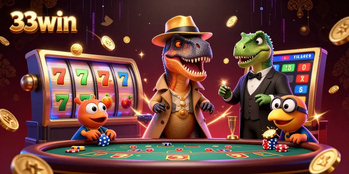 Bet on 33win with a dynamic scene featuring a velociraptor card counter and casino elements.
