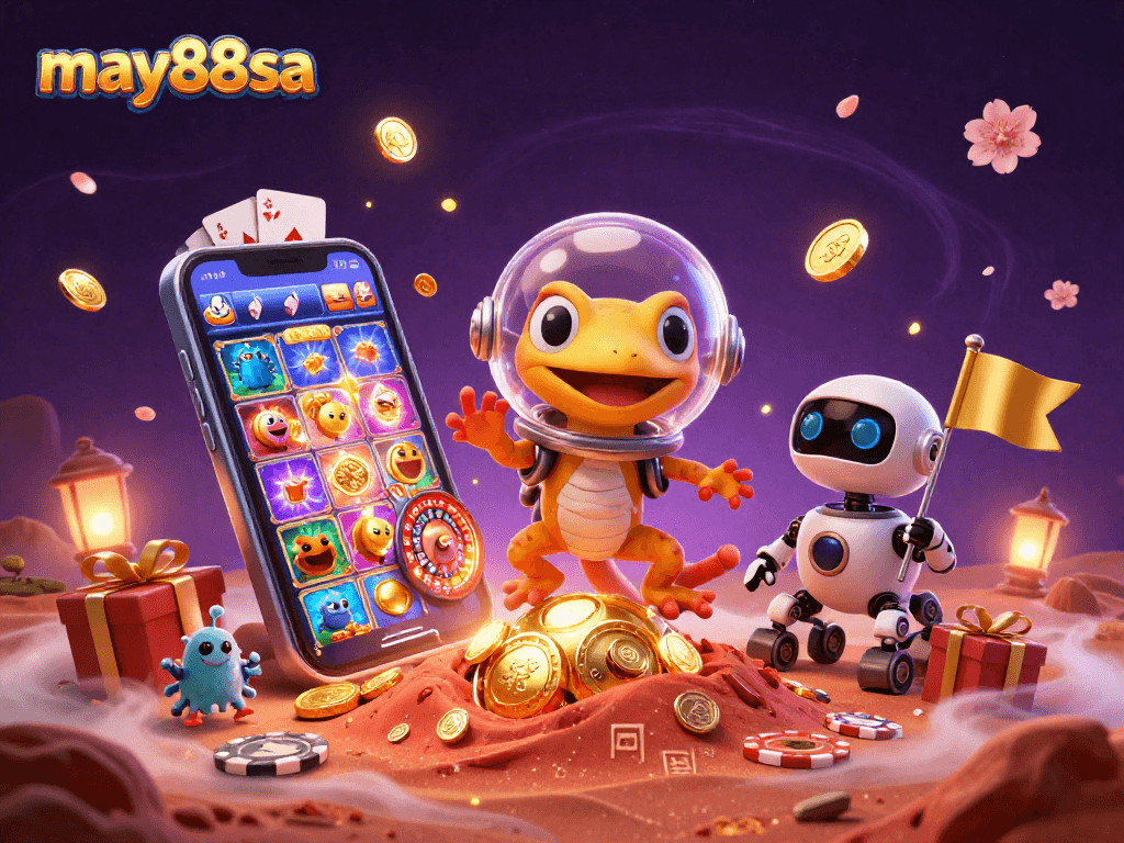 Win big at may88sa with a cartoon Martian gecko discovering a gold casino on Mars.