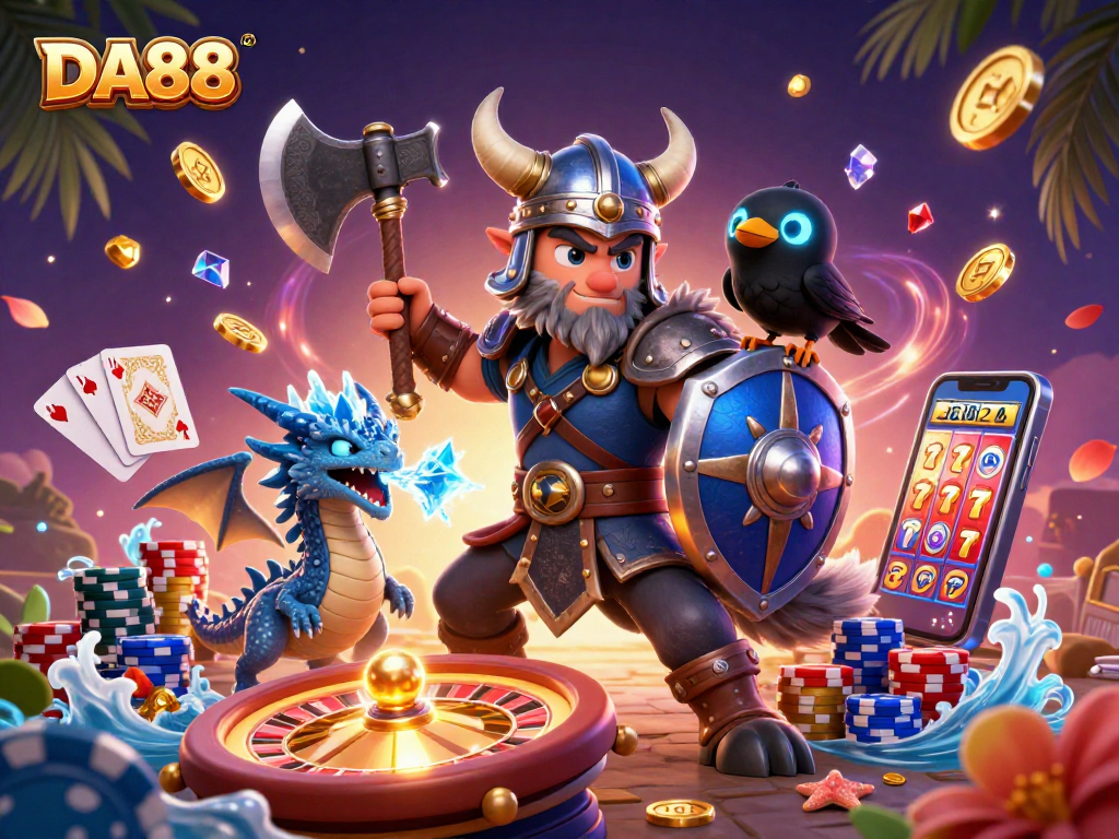 Experience the excitement of DA88 with a Viking warrior, dragon, and casino elements in this vibrant illustration.