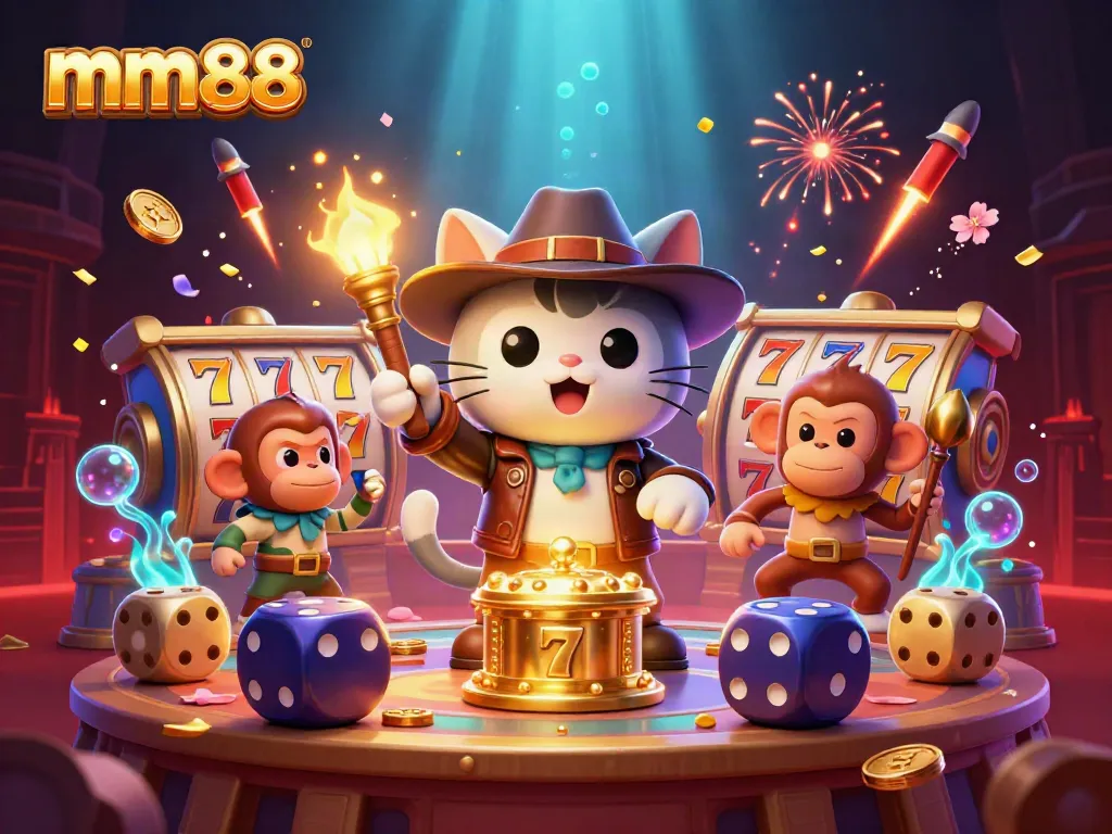 Experience thrilling moments with mm88 in a vibrant 3D scene full of casino excitement and adventure.