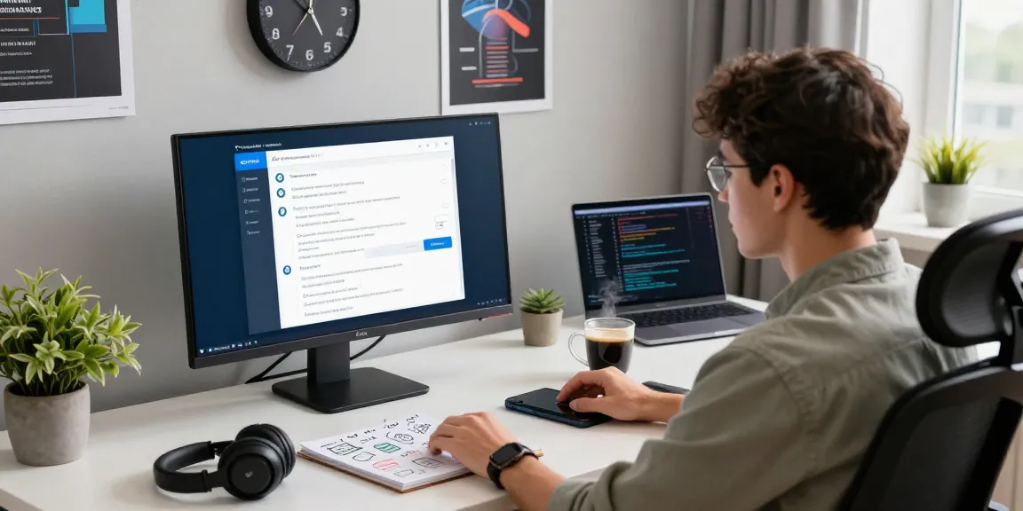 Productive workspace with individual using Telegram Web Version on monitor, surrounded by tech accessories and coffee.