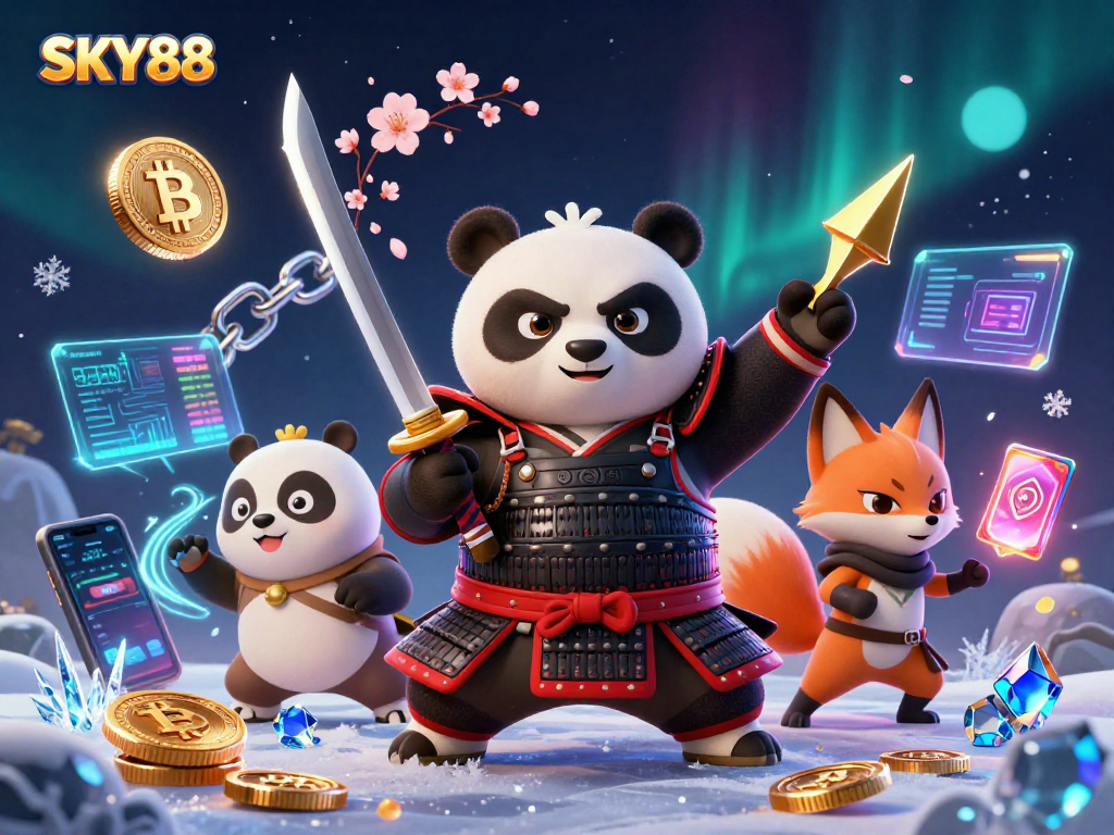 Engage in thrilling gaming at SKY88 with an enchanting scene featuring samurai panda and ninja fox.