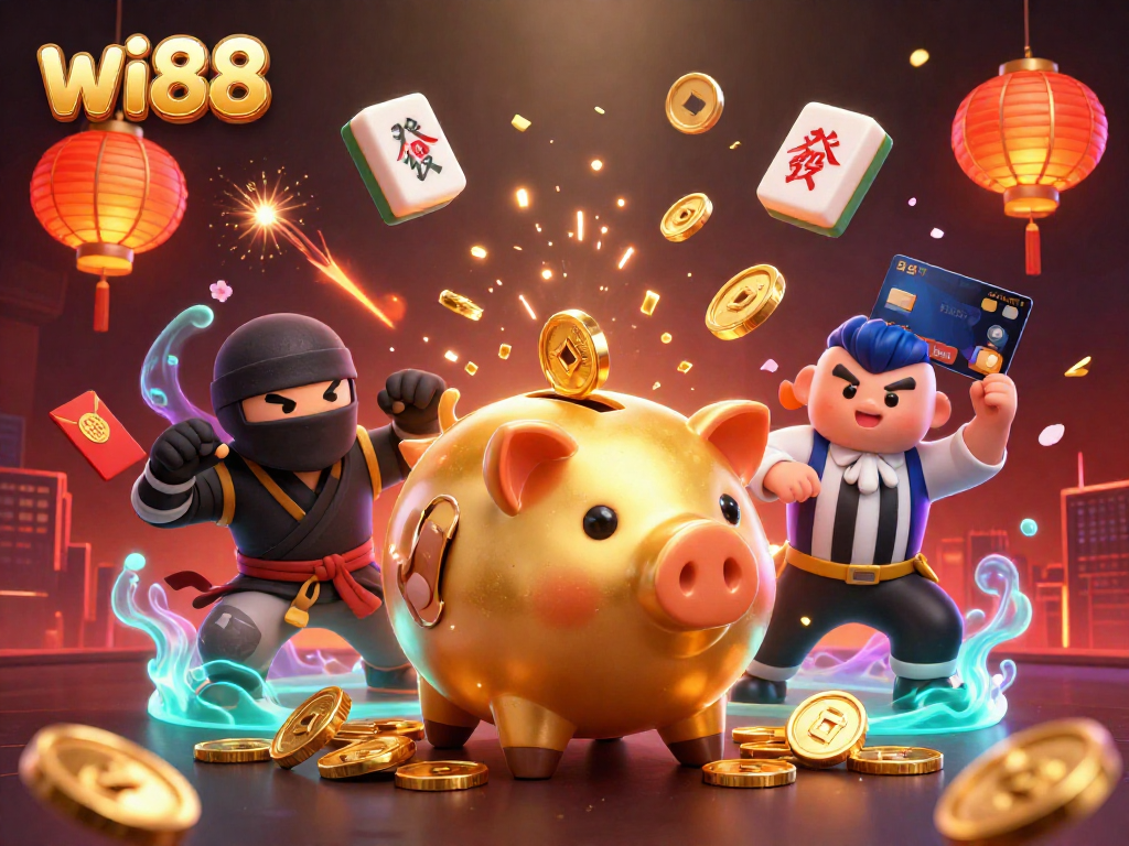 Engage in vibrant gaming adventures at wi88 with golden piggy bank characters in dynamic action.