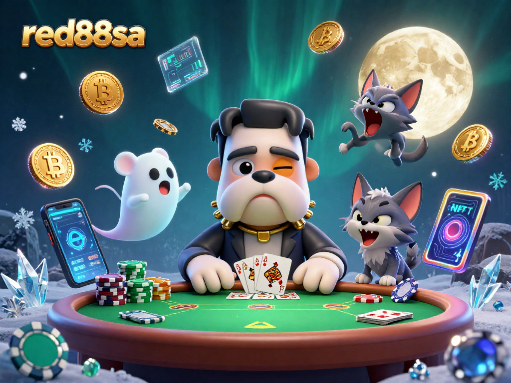 Engage with red88sa at a haunted poker table with a Frankenstein bulldog and ghostly chips.