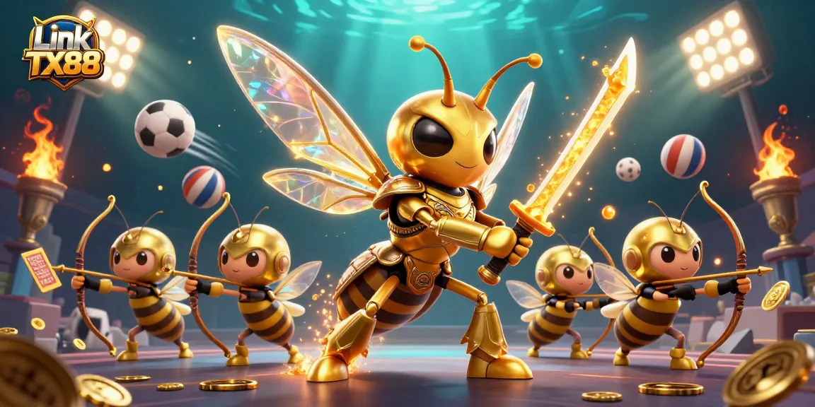 Experience the excitement of Link TX88 with vibrant casino elements and golden characters in an energetic 3D scene.