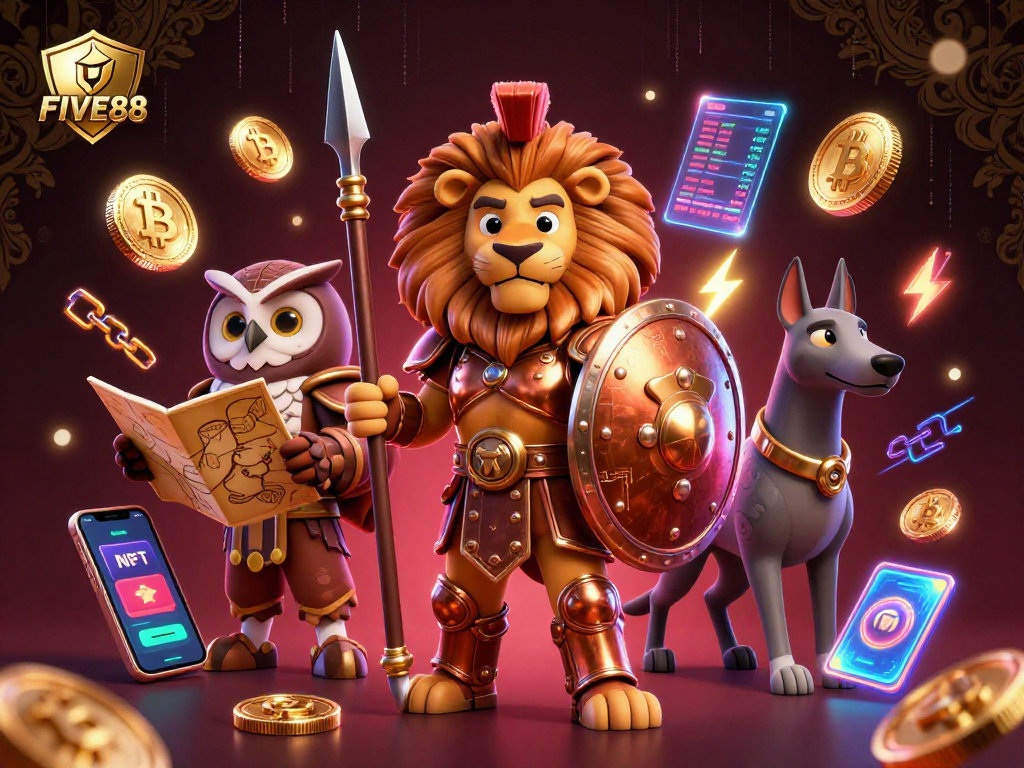 Engage with FIVE88 through an epic gambling scene featuring heroes and cryptocurrency elements in a dynamic 3D illustration.
