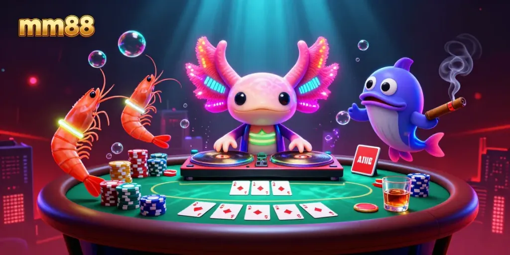 Experience the excitement of mm88 with a vibrant 3D casino illustration of a neon axolotl DJ spinning records surrounded by poker elements.