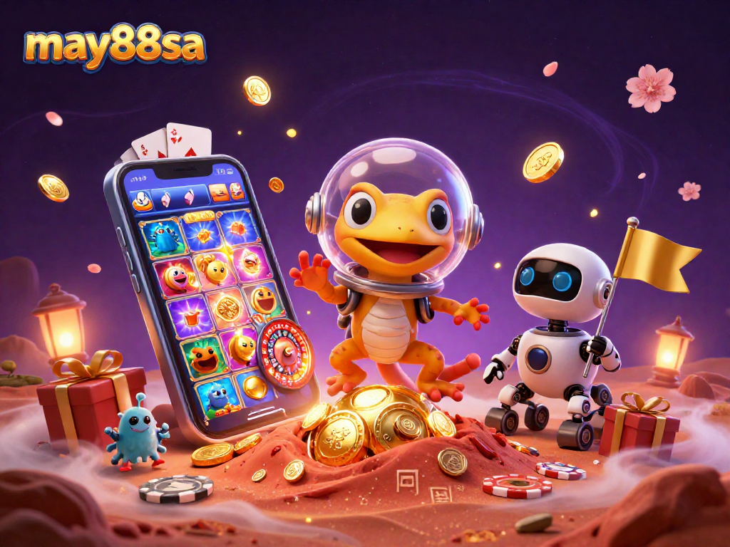Win big at may88sa with a cartoon Martian gecko discovering a gold casino on Mars.