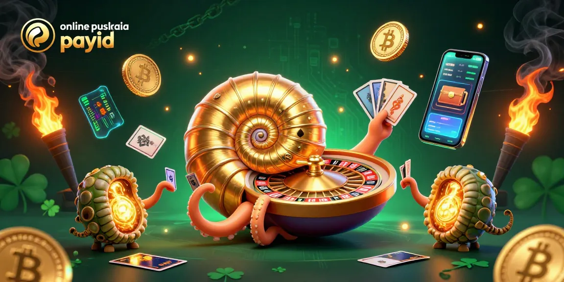 Play thrilling online pokies Australia PayID at a vibrant casino scene featuring an ancient nautilus and glowing crypto coins.