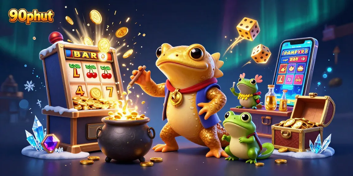 90phut captures the magic of online gaming with gold coins and vibrant casino elements.